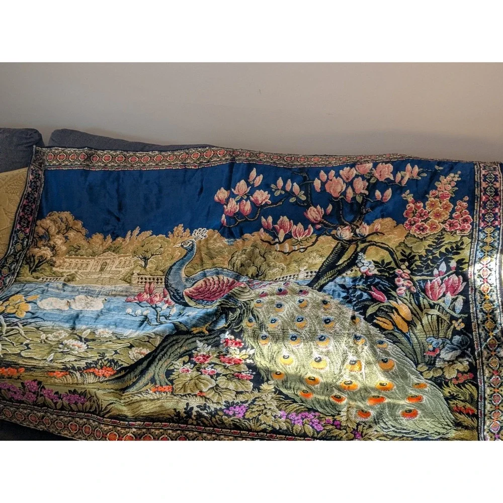 Velvet Peacock Tapestry Large 6x4 Wall Hanging Fringe Boho Cottagecore Vintage